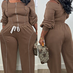 2 Pieces Outfit Trendy Long Sleeve Cold Shoulder Top and Drawstring Waist Pants with Pockets
