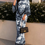 Women's 2 Piece Ink Landscape Print Satin Outfit Asymmetrical Top and Wide Leg Pants Set with Pockets