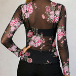 Women's Sheer Mesh Vintage Floral Print Mock Neck Frill Trim Long Sleeve Top