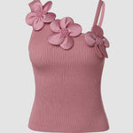 2 Pack Solid 3D Flower Tank Top Asymmetrical Neck Sleeveless Casual Ribbed Knit Camisole