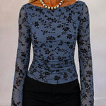 Women's Vintage Flocked Floral Mesh Top Boat Neck Ruched Flare Long Sleeve Tee