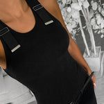Women's Ribbed Knit Tank Top Adjustable Buckle Strap Side Ruched Knit Top Curved Hem Slim Fit Vest