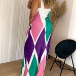 Geometric Print Square Neck Thick Strap Vacation Dress Casual Slim Fit Slit Maxi Dress