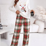 Women's Pajama Set Christmas Reindeer Print Crew Neck Long Sleeve Top and Plaid Wide Leg Pants
