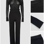 2 Pieces Outfit Round Neck Long Sleeve Semi-Sheer Crop Top and High Waist Elastic Waist Wide Leg Pants Set Casual Minimalist Ribbed Set