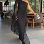 One Shoulder Asymmetrical Mesh Cloak Sleeve Ruched Twist Waist Evening Dress Waist Gathered Slit Party Dress
