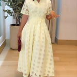 Women's Sheer Plaid Maxi Dress Short Sleeve Double Layer Swing Vacation Dress Elegant Flowy A Line Dress with Belt