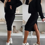 2 Pieces Outfit U-Neck Slit Back Slim Fit Knit Tank Dress and Pearl Button Front Baseball Coat Casual Ribbed Set