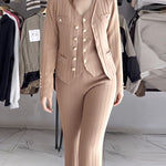 3 Pcs Outfits V Neck Long Sleeve Knit Coat with Metal Button Detail Tank Top Casual Long Pants Knit Sets