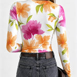 Women's Floral Print Long Sleeve Top Slim Fit Tee with Thumb Holes