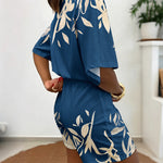 Women's Tropical Plant Print Romper Casual V-Neck Wrap Knot Side Skorts Romper Batwing Sleeve Short Jumpsuit