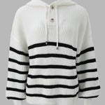 Women's Striped Henley Drawstring Hooded Sweater Loose Fit Lantern Sleeve Knit Pullover