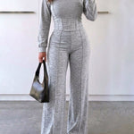 2 Pieces Outfit O-neck Long Sleeve Cinched Waist Sweatshirt and Elastic Waist Wide Leg Pants Set Casual Seam Design Sweatpants Set