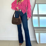V Neck Shoulder Ruffles Design Blouse Casual Button Front Long Sleeve Top