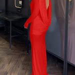 Cowl Neck Ruched Zipper Back Slim Fit Maxi Dress Casual Padded Shoulders Backless Evening Dress