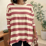 Women's Striped T Shirt Long Sleeve Drop Shoulder Crewneck Tee Side Slit Casual Loose Fit Top