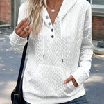 Long Sleeve Half Snap Buttons Front Drawstring Hoodie Sweatshirt Casual Kangaroo Pocket Drop Shoulder Cable Textured Top