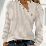 Button Decor Asymmetrical V-Neck Long Sleeve Ribbed Tee Casual Knit Brushed Top