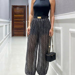 Women's Vintage Chain Print Sheer Chiffon Pants High-Waisted Loose Lantern Joggers Lightweight Breathable Lounge Pants with Pockets
