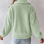 Textured Striped Turn-down Collar Button Front Elastic Cuff and Hem Teddy Fleece Jacket With Decorative Flap Pockets