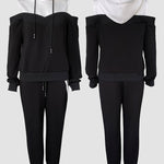 2 Pieces Outfit Colorblock Cold Shoulder Long Sleeve Drawstring Hoodie Top and Casual Contrast Striped Decor Elastic Waist Jogger Pants Set