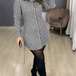 Women's Vintage Plaid Drawstring Long Sleeve Casual Dress Shirred Button Down Shirt Dress