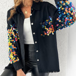 Contrast Sequin Long Sleeve Jacket Top Button Front Raw Hem Loose Fit Shacket