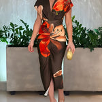 Floral Placement Print Deep V-Neck Front Slit Dress Ruched Slim Fit Vacation Dress