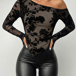 Women's Flocked Floral Mesh Top Skew Neck Long Sleeve Asymmetrical Blouse with Thumb Hole Cuffs