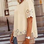 Round Neck Short Sleeve Eyelet Embroidery Tee Casual Scallop Trim Top