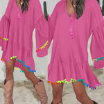 Colorblock V-Neck Bell Sleeve A Line Tassel Mini Dress Vacation Dress
