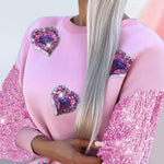 Heart Pattern Contrast Sequin O-Neck Long Sleeve Sweet Pullover Top