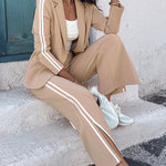 2 Pieces Outfit Notched Collar Long Sleeve Flap Detail Coat and Elastic Back Waist Side Slit Straight Leg Pants Set Casual Contrast Side Striped Blazer Set