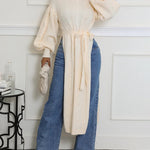 Cable Textured High Neck Lantern Sleeve Bow Tie Waist Sweater Casual High Slit Knit Longline Top