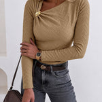 Women's Asymmetrical Neck Gold Buckle Twist Long Sleeve Top Textured Slim Fit Tee