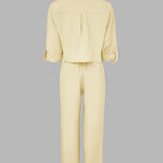 2 Pieces Outfit Turn-down Collar Turn-Up Sleeves Button Front Flap Pockets Design Top and Causal Zipper Fly Elastic Back Waist Wide Leg Pants Set