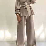 2 Pieces Outfit Overlap V-Neck Lantern Sleeve Tie Waist Ruffle Hem Top and Elastic Waist Wide Leg Pants Set Vintage Frill Hem Satin Pleated Commuting Set