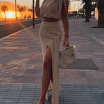 Women's Knit Two Piece Set Shoulder Pad Cap Sleeve Crop Top and Tied Detail High Slit Skirt Ribbed Matching Suit