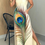 Women's Peacock Feather Print Maxi Dress Square Neck Thick Strap Side Slit Sundress Casual Vacation Dress with Pockets