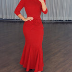 Women's 3D Floral Twist Mermaid Maxi Evening Gown Elegant Three Quarters Sleeve Bodycon Party Dress