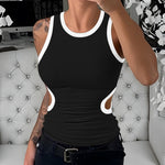 Women's Ribbed Contrast Trim Tank Top Sleeveless Crew Neck Cutout Slim Fit Stretch Casual Top