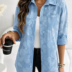 Women's Rhinestone Floral Jacquard Lapel Loose Casual Shirt Button Front Denim Look Top