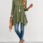 Women's Ribbed Asymmetrical Hem Top Crewneck Three Quarters Sleeve A-Line Casual Top
