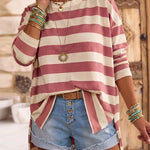 Women's Striped T Shirt Long Sleeve Drop Shoulder Crewneck Tee Side Slit Casual Loose Fit Top
