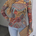 Women's Vintage Print Sheer Mesh Top Long Sleeve Slim Fit Tee with Thumb Holes