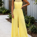 Women's Halter Tie Cutout Pleated Jumpsuit High Waist Shirred Wide Leg Overalls