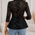 Women's Lace Patchwork Blazer Elegant Shawl Lapel Peplum Coat Single Breasted Three Quarter Sleeve Outwear
