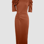 3D Flower Decor Round Neck Puff Sleeve Bodycon Dress Casual Ruched Slit Zipper Back Work Dress