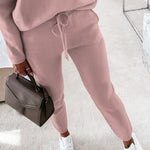 2 Pieces Outfit Long Sleeve Skew Neck Pullover Top and Drawstring Elastic Waist Slim Fit Pants Set