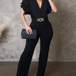 Plain Deep V Neck Short Flutter Sleeve Jumpsuits Metal O-Ring Decor Casual Flared Overalls